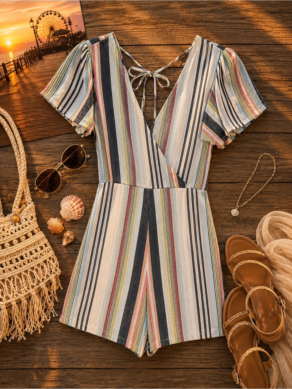 Blue Rain Striped Romper Size Small Beach Vacation Tie Back Romper